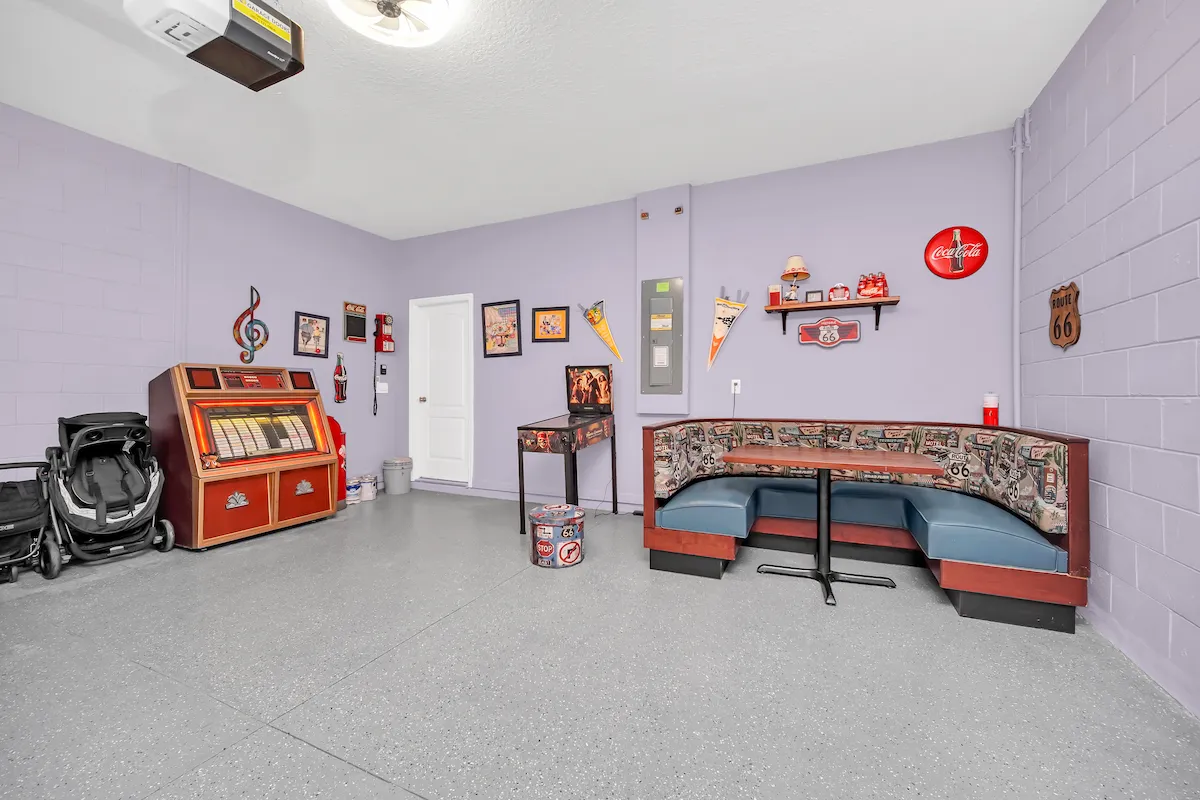 Diner-style game room with jukebox and games